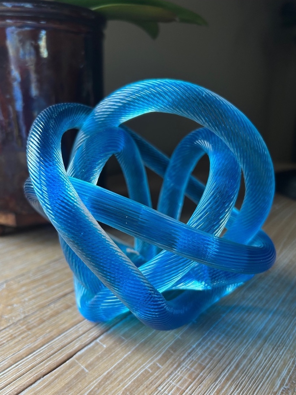 Large Vintage MCM Blue Art Glass Orb Twisted Rope Knot Hand Blown Sculpture. - Picture 7 of 11
